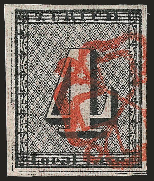 ZURICH, 1843, 4r Black, Vertical Red Lines (1L1 Zumstein 1S).> Type I, large to huge margins, unusually clear red vertical lines, detailed impression nicely complemented by red <cross in rosette>
cancel<><>^EXTREMELY FINE GEM. A SUPERB USED EXAMPL