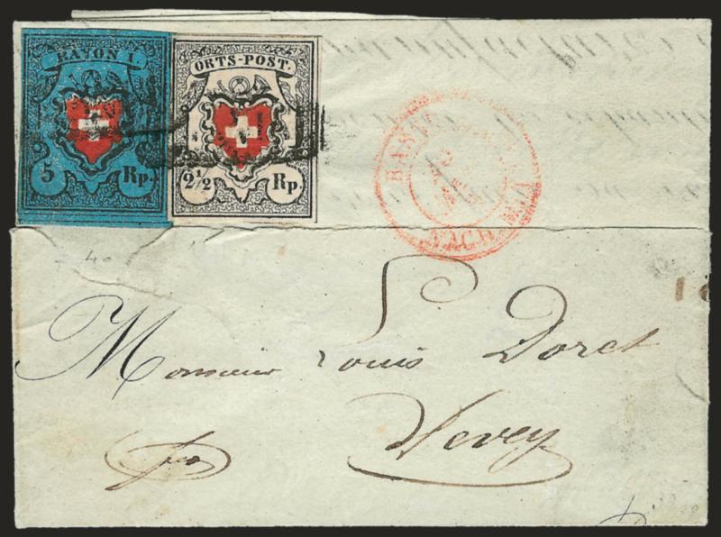 SWITZERLAND, 1850, 2-12r Black & Red, Orts-Post, Without Frame Around Cross (3 Zumstein 13II).> Type 19, used with <5r Light Blue & Red (10 Zumstein 15II,> Type 40, both stamps with large margins all around,
slightly overlapping and tied by boxed