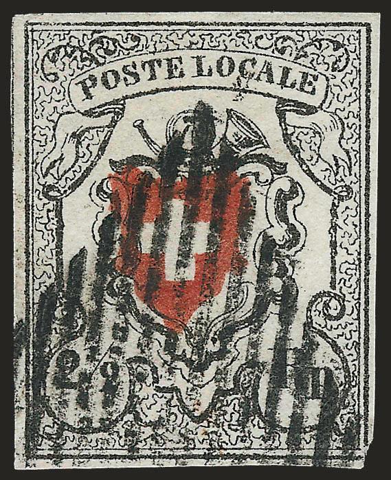 SWITZERLAND, 1850, 2-12r Black & Red, Poste Locale, Without Frame Around Cross (4, Zumstein 14II).> Type 26, large margins all around except just barely in at bottom right corner, bright colors, bold strike of
diamond grid cancel, tiny thin speck of