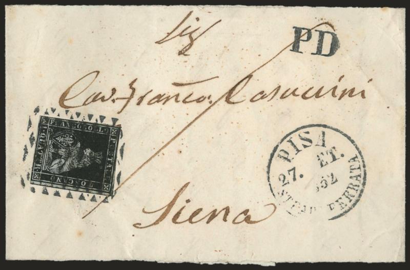 TUSCANY, 1852, 1q Black (1 Sassone 1a).> Large margins to just touched incl. part of adjoining stamp at right, tied by well-struck grid of diamonds handstamp, matching Pisa 27 Set., 1872 circular datestamp on
<newspaper wrapper made from letter> w