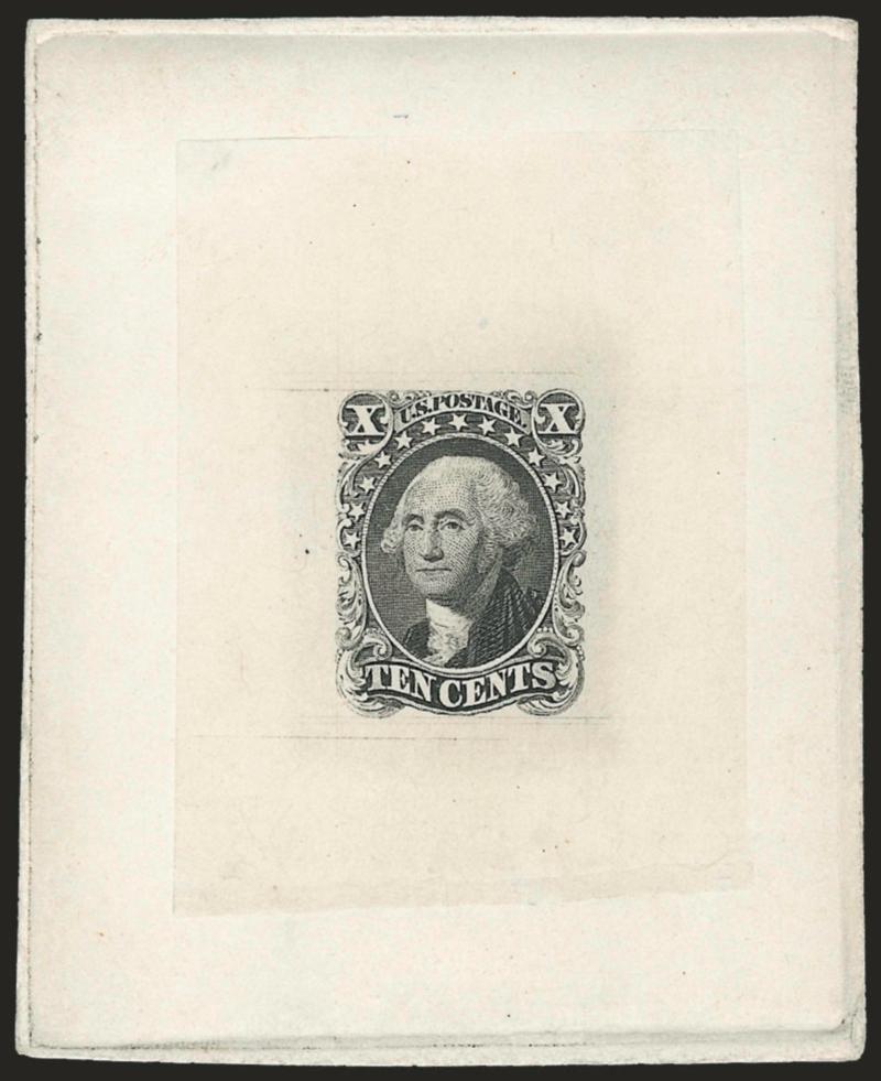 10c Black, Ty. I, Large Die Trial Color Proof on India (13TC1).> On 62 x 77mm card with full die sinkage, showing layout lines from the die<><>^VERY FINE AND CHOICE. A RARE LARGE DIE TRIAL COLOR PROOF FOR THE
10-CENT 1855 ISSUE.^<><>The 10c trial