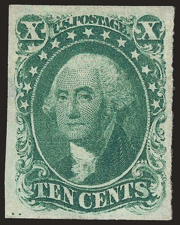 10c Green, Ty. I (13).> Unused (no gum), large and even margins all around which clearly show the entire design, bright color, two small thin spots at top left<><>^VERY FINE APPEARANCE. A SCARCE UNUSED EXAMPLE OF
THE 1855 10-CENT TYPE I. A STAMP OF