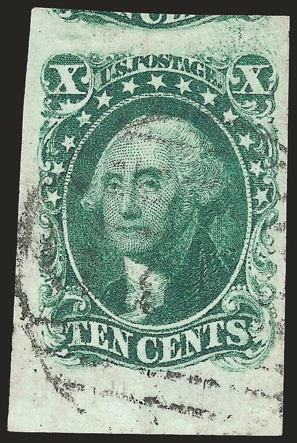 10c Green, Ty. I (13).> Large to huge margins incl. significant sheet margin at bottom and also part of adjoining stamp at top, bright color, neat strike of large Boston Paid grid cancel<><>^EXTREMELY FINE GEM. A
SUPERB USED EXAMPLE OF THE 1855 1