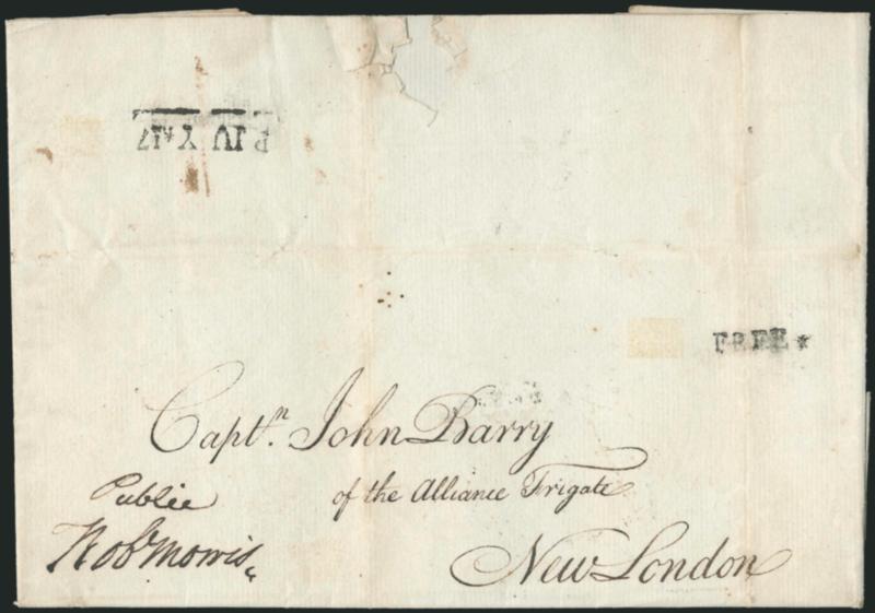 Robert Morris.> Autograph free frank <<Public, Robt. Morris>> on folded letter addressed to <<Capt. John Barry of the Alliance Frigate, New London>>, Free handstamp and Philadelphia P July 17 straightline, content
written and signed by Charle
