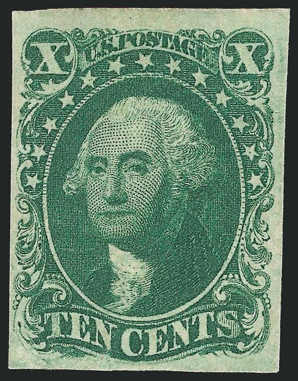 10c Green, Ty. II (14).> Original gum, lightly hinged, large margins to full, deep rich color, two small stain marks on back only (not mentioned on accompanying certificate)<><>^VERY FINE APPEARANCE. A SCARCE
ORIGINAL-GUM EXAMPLE OF THE 1855 10-CEN