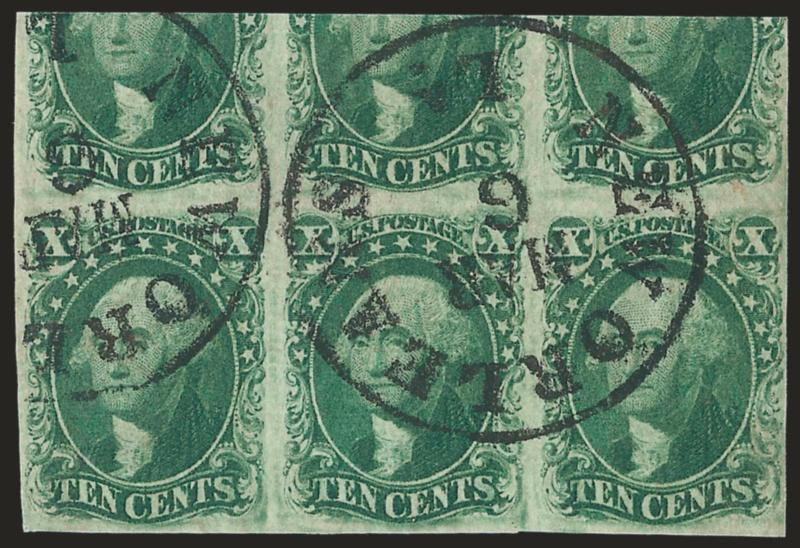 10c Green, Ty. III-IV-III (15-16-15).> Positions 85-87L1, horizontal strip of three, enormous margins to full incl. significant portion of the adjoining stamps (almost appears to be a block of six), rich color,
neat strike of New Orleans La. Mar. 6