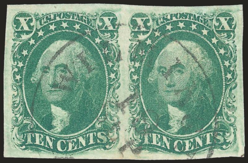 10c Green, Ty. IV-III (16-15).> Positions 86-87L1, horizontal pair, left stamp recut at top, huge margins to large, pretty pastel shade, light strike of Wilmington Del. circular datestamp, tiny scissors-cut in
top right margin of No. 15 well away fro