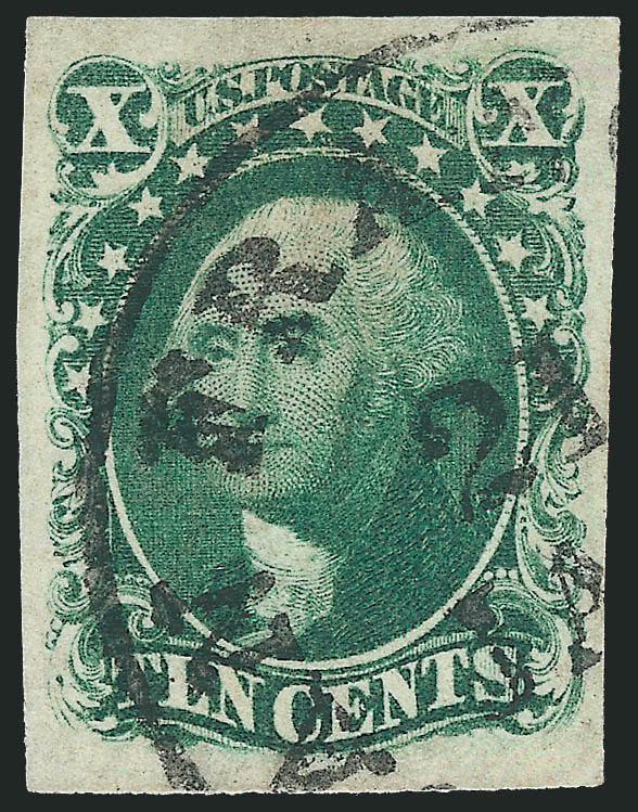 10c Green, Ty. IV (16).> Position 65L1, recut at top, large balanced margins and deep rich color, neat partial San Francisco circular datestamp which leaves the recut unobscured<><>^EXTREMELY FINE. A CHOICE USED
EXAMPLE OF THE 1855 10-CENT TYPE IV.