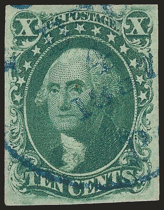 10c Green, Ty. IV (16).> Position 86L1, recut at top, large even margins all around, radiant color nicely complemented by <blue> circular datestamp, tiny natural inclusion<><>^EXREMELY FINE EXAMPLE OF THE 1855
10-CENT TYPE IV WITH A BLUE TOWN CANCE
