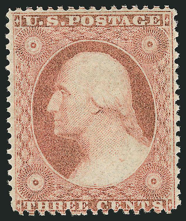 3c Rose, Ty. I (25).> Original gum in <Mint N.H.> condition, bright color and fine impression, perfs well clear of framelines on three sides<><>^VERY FINE AND CHOICE. AN INCREDIBLY RARE MINT NEVER-HINGED EXAMPLE
OF THE 1857 3-CENT PERFORATED TYPE I