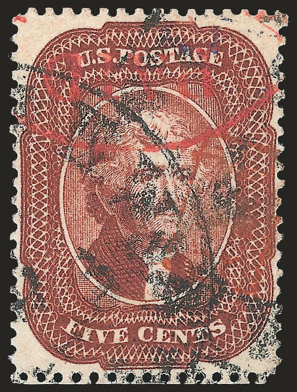 5c Indian Red (28A).> Wonderful color in the true Indian Red shade, unusually choice centering for this difficult issue, long and full perforations all around incl. intact perfs at bottom, neat New Orleans
circular datestamp and also <red> circular d