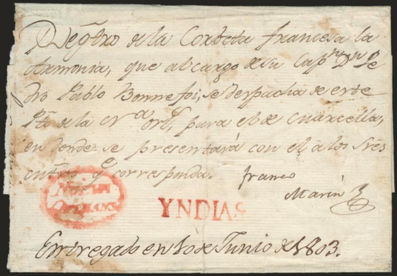 Nueva Orleans.> Red laureated oval handstamp with matching Yndias handstamp on folded letter dated June 1803, various ms. incl. <<Franco Marin>> which served as free frank, vertical file fold, some slight edgewear
and staining<><>^VERY FINE. A