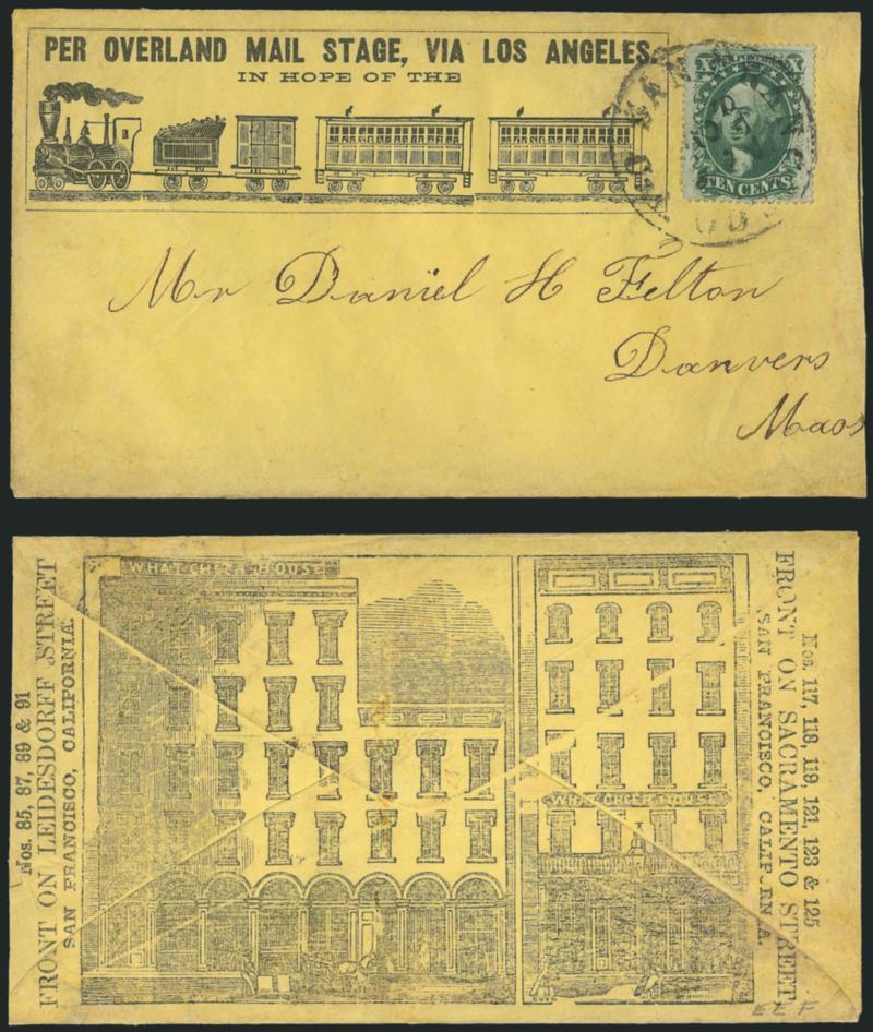 10c Green, Ty. V (35).> Tied by San Francisco Cal. Sep. 23, 1859 circular datestamp on yellow cover to Danvers Mass. with <Per Overland Mail Stage, Via Los Angeles. In hope of the [railroad] illustrated railroad
propaganda design on front and Wh