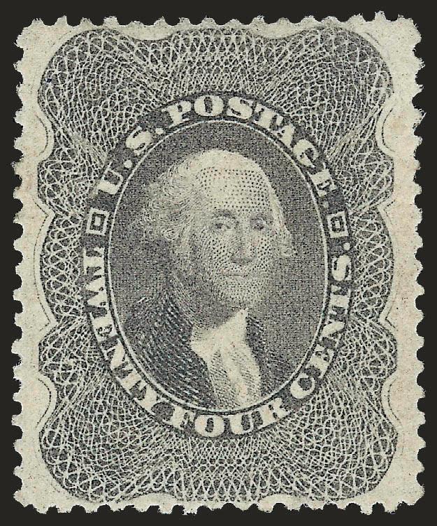 24c Gray Lilac (37).> Original gum, lightly hinged, deep rich color and proof-like impression, unusually choice centering with balanced margins that are completely clear of outer projections<><>^EXTREMELY FINE
GEM. A SUPERB ORIGINAL-GUM EXAMPLE OF