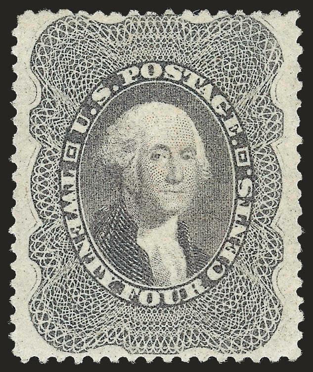 24c Gray Lilac (37).> Original gum, lightly hinged, radiant color, unusually choice centering with well-proportioned margins<><>^EXTREMELY FINE. A BEAUTIFUL ORIGINAL-GUM EXAMPLE OF THE 24-CENT 1860
ISSUE.^<><>With 1994 P.F. and 2009 P.S.E. certif