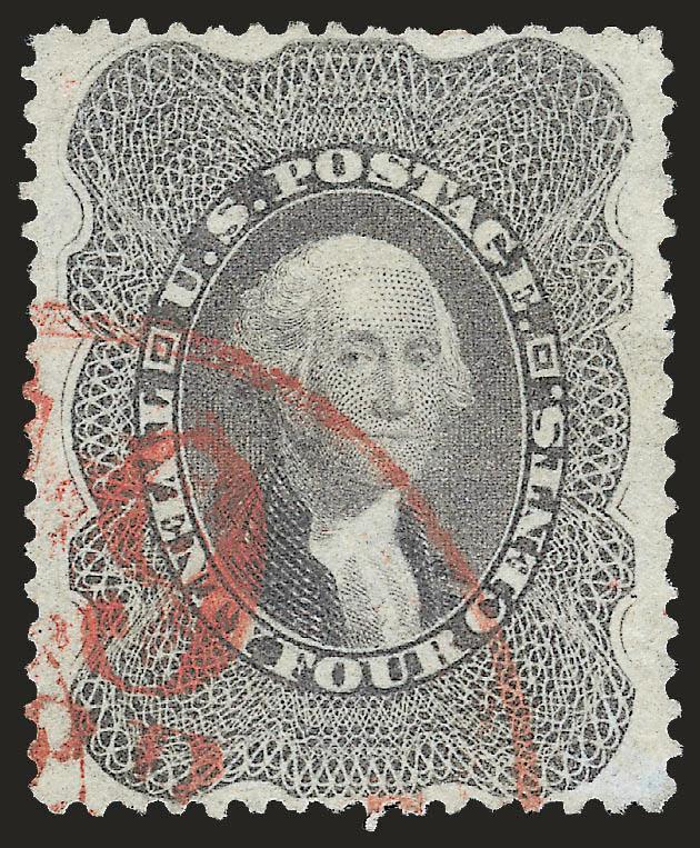24c Gray Lilac (37).> Perfectly centered with wide and balanced margins, brilliant color nicely complemented by <red> integral-rate circular datestamp<><>^EXTREMELY FINE GEM. A SUPERB USED EXAMPLE OF THE 24-CENT
1860 ISSUE, WHICH HAS BEEN GRADED SU