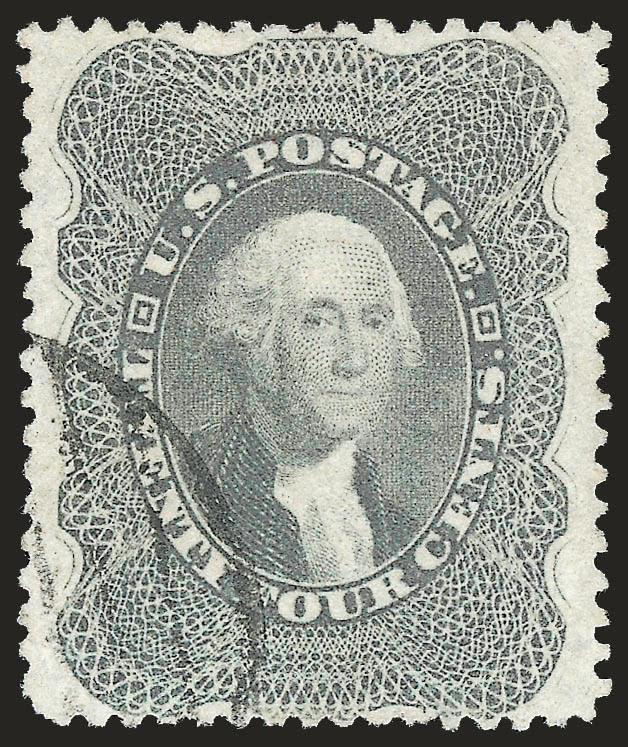 24c Gray Lilac (37).> Bright shade and crisp impression, unusually choice centering, face-free strike of large Boston Paid grid<><>^EXTREMELY FINE GEM. A SUPERB USED EXAMPLE OF THE 1860 24-CENT GRAY
LILAC.^<><>With 2008 P.S.E. certificate (XF-S