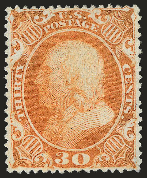 30c Orange (38).> Vibrant color as fresh as the day it was printed, crisp white paper, unusually choice centering for this difficult issue, trace of blue cancel at bottom left<><>^EXTREMELY FINE GEM. A GORGEOUS
USED EXAMPLE OF THE 30-CENT 1860 ISSU