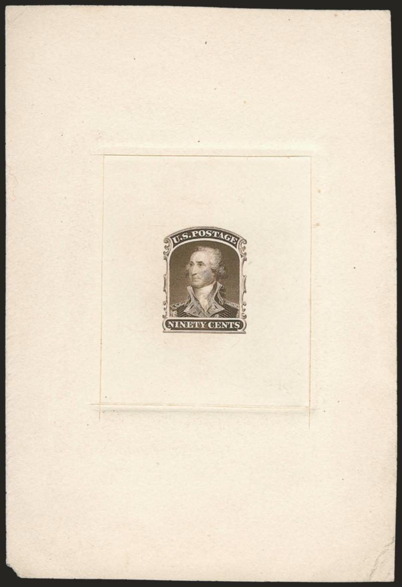 90c Sepia, Large Die Trial Color Proof on India (39TC1).> On 88 x 129mm card with full die sinkage, bright color, ms. on back reads <ead of Washington from Trumbulls full length portrait at Yale College>>, small
nick at bottom left of card<><>
