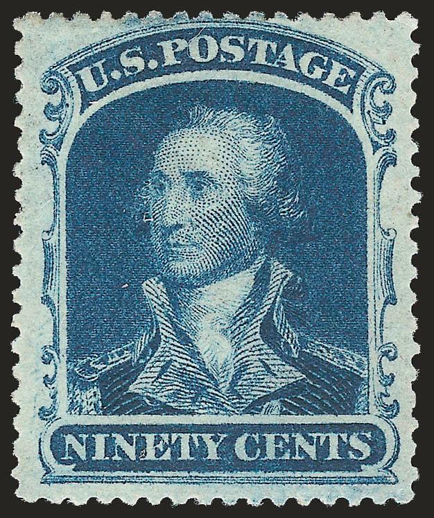 90c Blue (39).> Original gum, lightly hinged, deep rich color on crisp paper, well-proportioned margins<><>^EXTREMELY FINE. A BEAUTIFUL ORIGINAL-GUM EXAMPLE OF THE 90-CENT 1860 ISSUE.^<><>With 2009 P.S.E.
certificate (OGph, VF-XF 85 SMQ $5,400.0