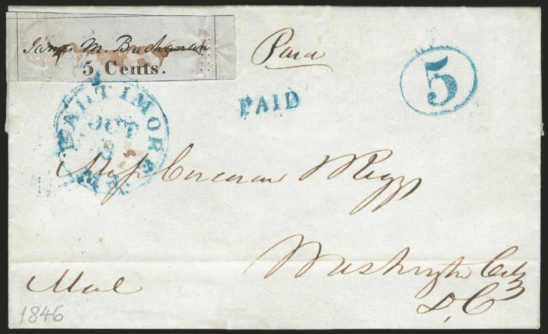 Baltimore Md., 5c Black on Bluish (3X3).> Large margins showing most of four framelines, cancelled by ms. and <tied> by blue Baltimore Md. Oct. 3 circular datestamp, matching Paid and 5 in oval handstamps on 1846
folded letter to Washington D.C