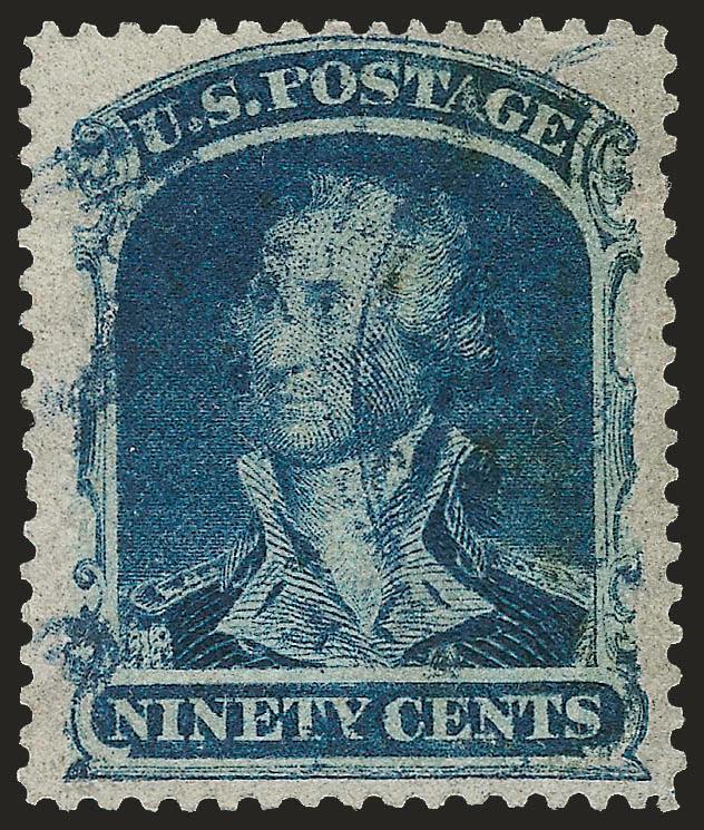 90c Blue (39).> Choice centering, rich color, neat strikes of <blue circular datestamp,> long and full perforations all around<><>^EXTREMELY FINE. A BEAUTIFUL USED EXAMPLE OF THE 90-CENT 1860 ISSUE. SCARCE AND
DESIRABLE WITH A BLUE CANCELLATION.^<