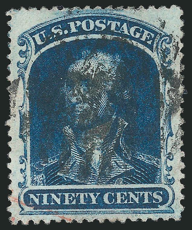 90c Blue (39).> Choice margins and centering, rich color, black grid and trace of red town datestamp, short perfs and small margin thin at left<><>^EXTREMELY FINE CENTERING. AN UNUSUALLY WIDE-MARGINED AND
PERFECTLY CENTERED USED EXAMPLE OF THE 90-C