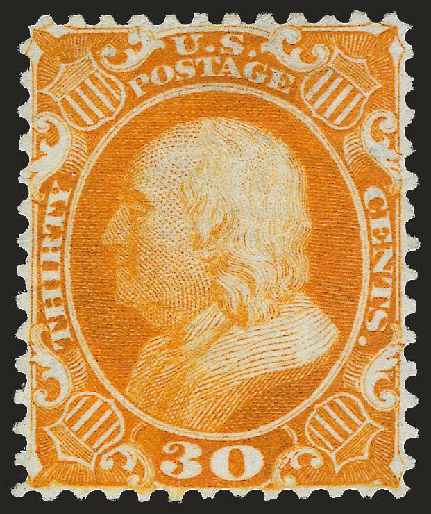 30c Yellow Orange, Reprint (46).> Without gum as issued, vibrant color as fresh as the day it was printed, well-balanced margins<><>^EXTREMELY FINE. A BEAUTIFUL EXAMPLE OF THE 30-CENT 1857 ISSUE REPRINT.^<><>Only
480 sold. With 1989 P.F. and 2006