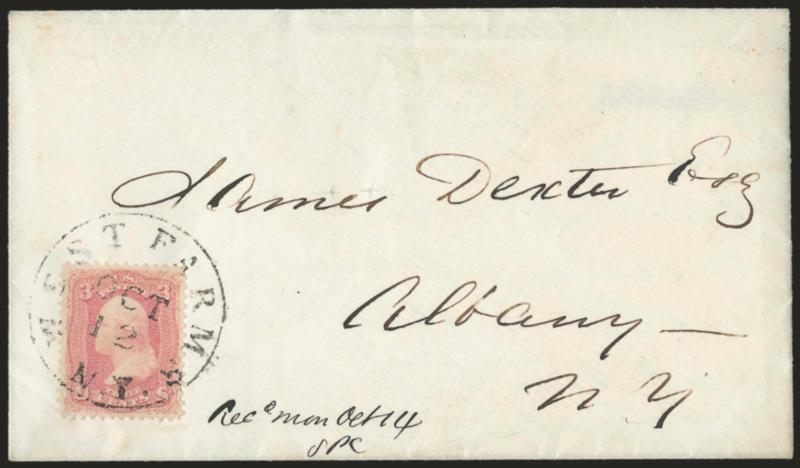 3c Pigeon Blood Pink (64a).> Brilliant color with bluish cast indicative of the true Pigeon Blood Pink shade, superb centering with wide margins, tied by neat strike of West Farms N.Y. Oct. 12 (1861) circular
datestamp on immaculate cover to Albany