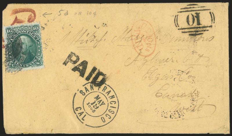 10c Yellow Green (68).> Tied by San Francisco circular grids, affixed over red crayon 5d rate marking applied in British Columbia, <General Post Office, British Columbia, 13 May 1865> origination backstamp on
cover <to Aylmer, Canada West,> bold