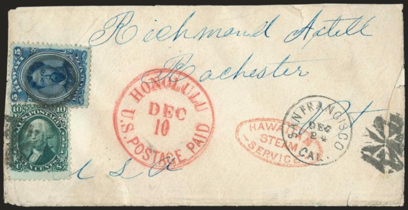 10c Yellow Green (68).> Bright color, <used with Hawaii, 1866, 5c Blue (32),> tied together by target, 10c also tied by circle of wedges, on cover to Rochester Vt., large red Honolulu U.S. Postage Paid Dec. 10
circular datestamp and well-struck 