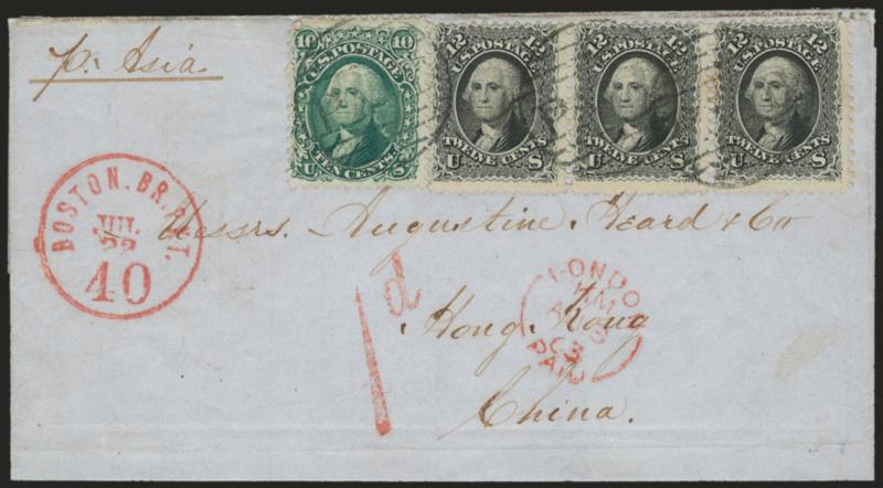 12c Black (69).> Horizontal strip of three, <used with 10c Yellow Green (68)> and tied by large Paid grid, red Boston Br. Pkt. Paid Jul. 22 backstamp and red Boston Br. Pkt. 40 Jul. 22 credit datestamp on blue
1863 folded cover <to Hong Kong, C