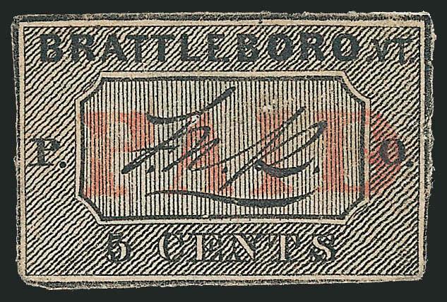 Brattleboro Vt., 5c Black on Buff (5X1).> Position 1, framelines complete or nearly complete on all four sides, small even margins, cancelled by perfect complete strike of red Paid, intense shade and impression,
thinned, repaired tears<><>^VERY F