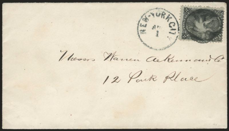 2c Black (73).> Intense shade, tied by clear strike of <Running Man fancy cancel> (S-E PH-F49) struck upside down and New-York City Aug. 1 circular datestamp on unsealed locally addressed cover<><>^VERY FINE
STRIKE. THE RUNNING MAN FANCY CANCEL O