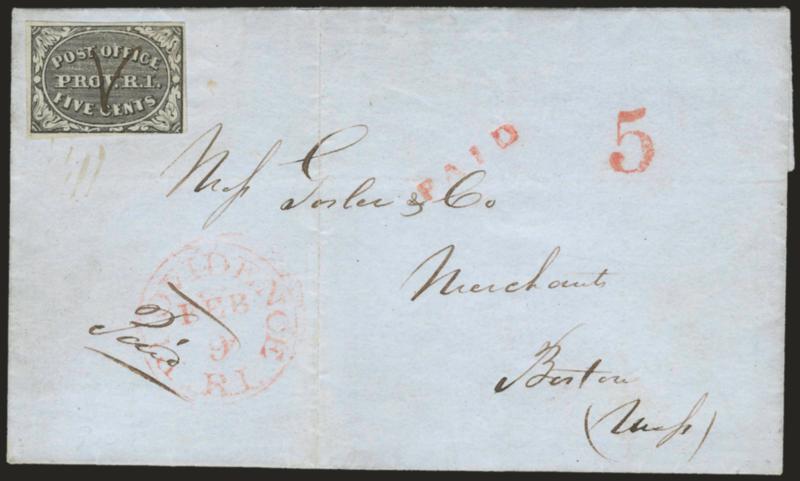 Providence R.I., 5c Gray Black (10X1).> Large margins to just touched, cancelled by ms. V, red Providence R.I. Feb. 9 circular datestamp with matching Paid and 5 handstamps on blue 1847 folded letter to Boston,
light vertical file fold well c