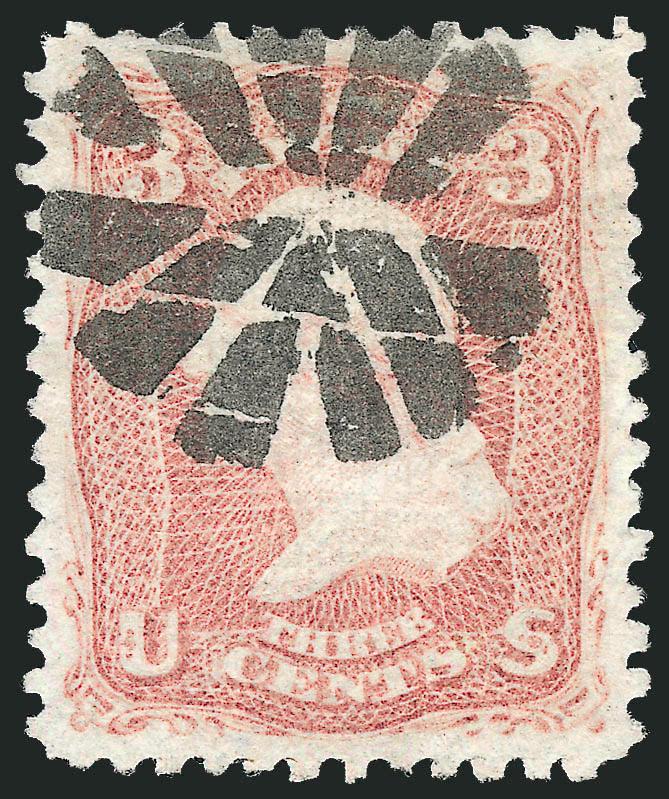 3c Rose, D. Grill (85).> Unusually choice centering, rich color, clearly-defined grill easily visible from the front, bold strike of circle of wedges cancel<><>^EXTREMELY FINE GEM. AN OUTSTANDING USED EXAMPLE OF
THE 1867 3-CENT D GRILL GRADED XF-SU