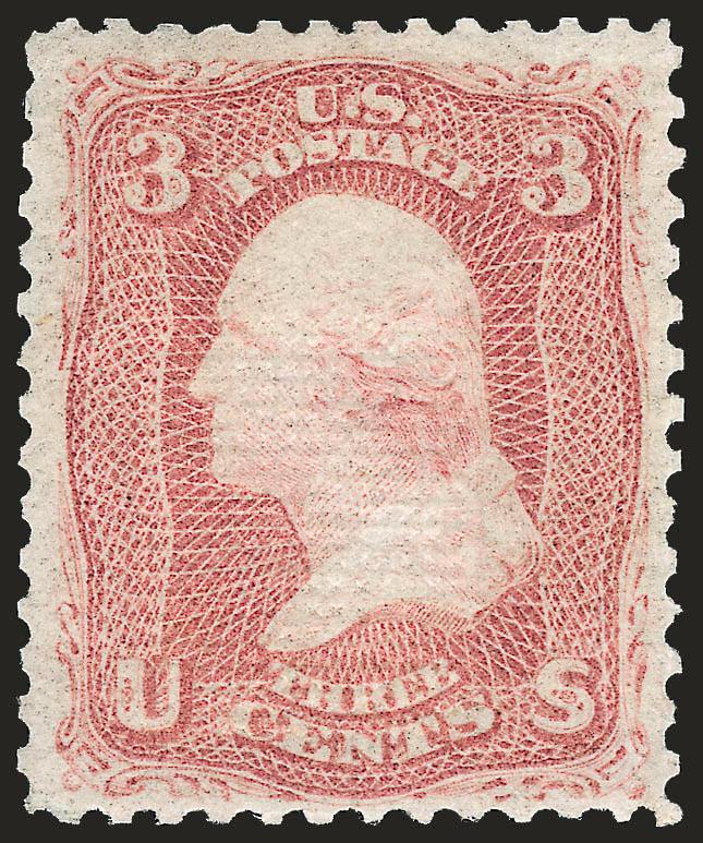 3c Rose, Z. Grill (85C).> Original gum, lightly hinged, clearly-defined grill, bright shade and crisp impression, well-balanced margins<><>^EXTREMELY FINE. THE 1868 3-CENT Z GRILL IS ONE OF THE RAREST OF THE
REGULARLY-PRODUCED GRILLED ISSUES. THE R