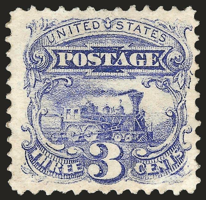 3c Ultramarine, Without Grill (114a).> Slightly disturbed original gum, rich color and proof-like impression<><>^VERY FINE AND CHOICE. AN EXTREMELY RARE EXAMPLE OF THE 3-CENT 1869 PICTORIAL ISSUE WITHOUT GRILL.
THE LOWER-VALUE 1869s WITHOUT GRILL