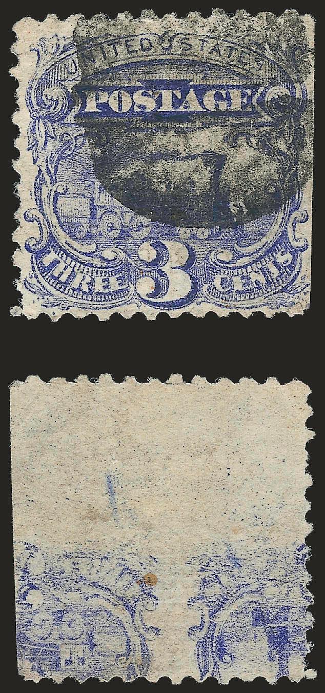 3c Ultramarine, Printed on Both Sides (114e).> Back printed inverted in relation to the front, part of two stamps printed at bottom, s.e. at right, cork cancel, small corner crease at top right<><>^FINE
APPEARANCE. THIS IS THE ONLY RECORDED EXAMPLE