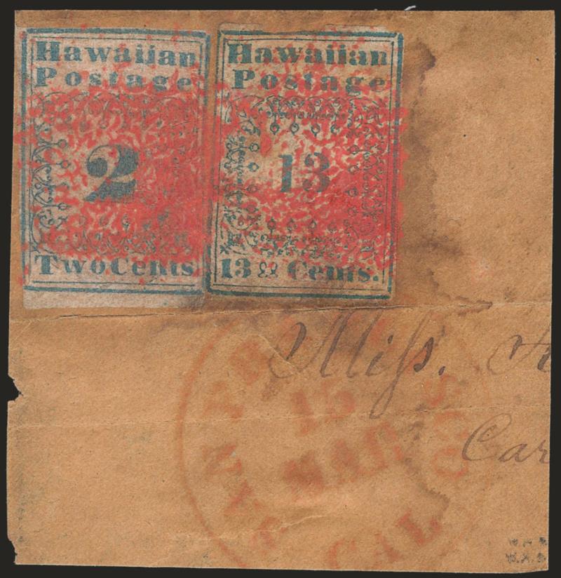 1851, 2c Blue (1) and 13c Blue, Hawaiian Postage (3).> 2c Type II (right-hand position in form), 13c Type I (left-hand position in form), used together on piece from upper left corner of a brown envelope with a
few letters of address: <<Miss. A[..