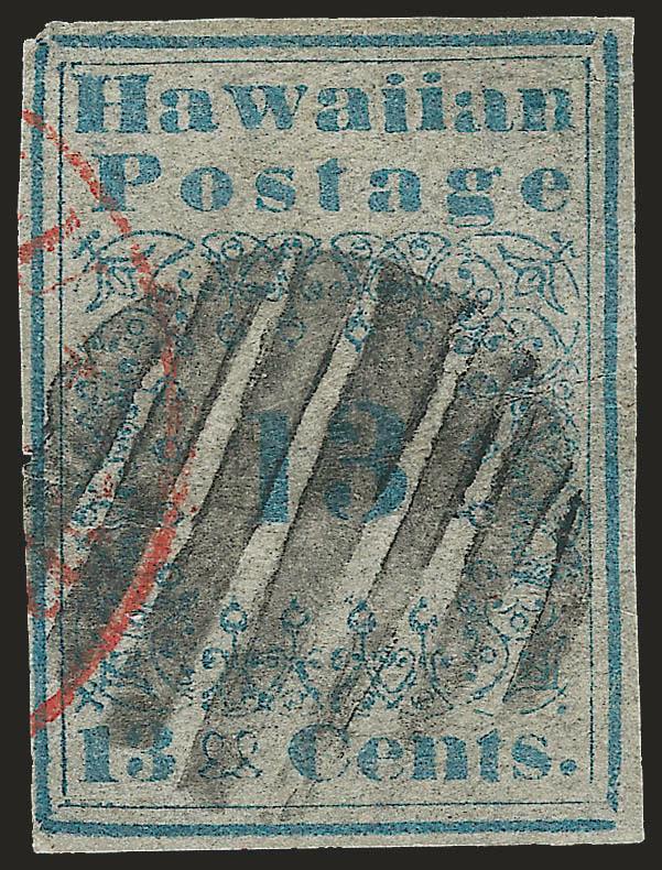 1851, 13c Blue, Hawaiian Postage (3).> Type I (left-hand position in form), neatly cancelled by 7-bar grid, part of red Honolulu * U.S. Postage Paid * circular datestamp, full to large margins and free of the
serious faults or repairs that affect