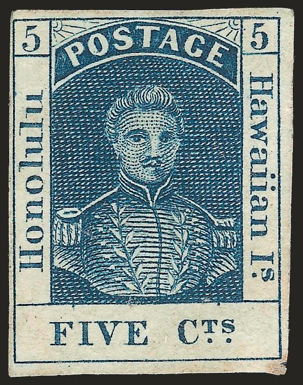 1853, 5c Blue, Thick White Wove (5).> Unused (no gum), large margins to clear, tiny flaw at bottom right outside of design, otherwise Fine