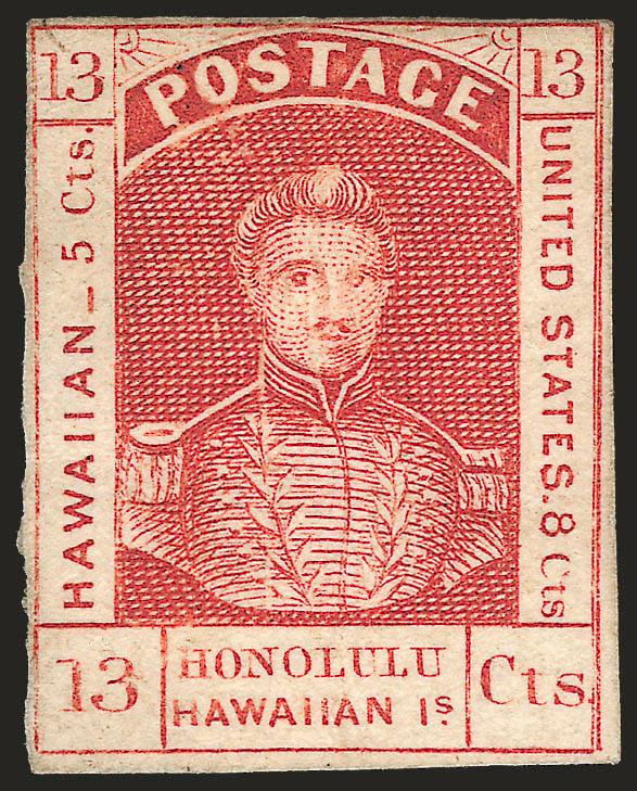 1853, 13c Dark Red, Thick White Wove (6).> Unused and used, first no gum and margins to just in, second similar margins and face-free red circular datestamp, both flawed, otherwise Fine