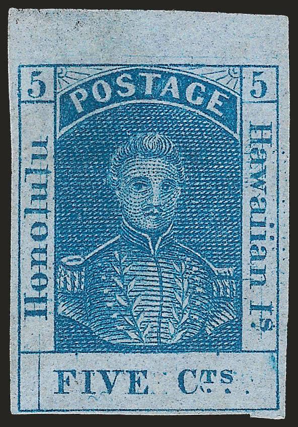 1861, 5c Blue, Line Thru Honolulu (9a).> Position 2, huge margins to clear incl. <sheet margin at top,> unused (no gum), rich color, tiny thin spot at center, Extremely Fine appearing example of this
variety