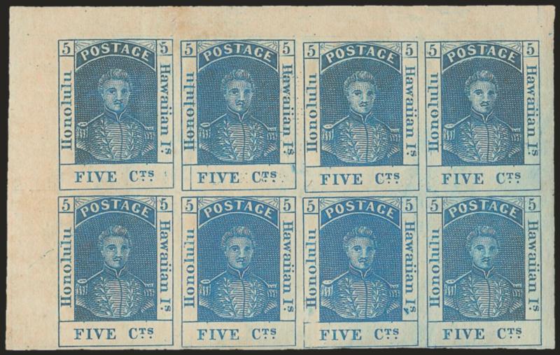 1868, 5c Blue, Re-Issue (10, 10a).> Top left corner margin block of eight, Position 2 with <line thru Honolulu,> large margins other sides, Mint N.H. except narrow band of toning at top and left on gum, bright
color, Very Fine and choice, Scott Ret