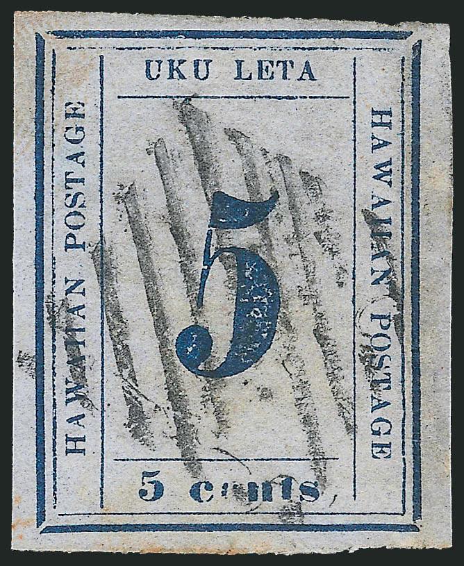 1865, 5c Blue on Blue (21).> Plate 9-A, Type X (Westerberg Position 2), large even margins, rich color, well-struck square grid cancel, few small age spots, vertical crease at right, Very Fine
appearance