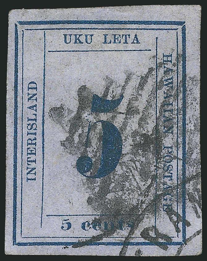 1865, 5c Blue on Blue (22).> Plate 12-A, Type IX (Westerberg Position 1), large margins to full, intense shade, cancelled by bold strike of grid and also by San Francisco double-circle datestamp, thin spots,
horizontal crease at bottom, appears Very