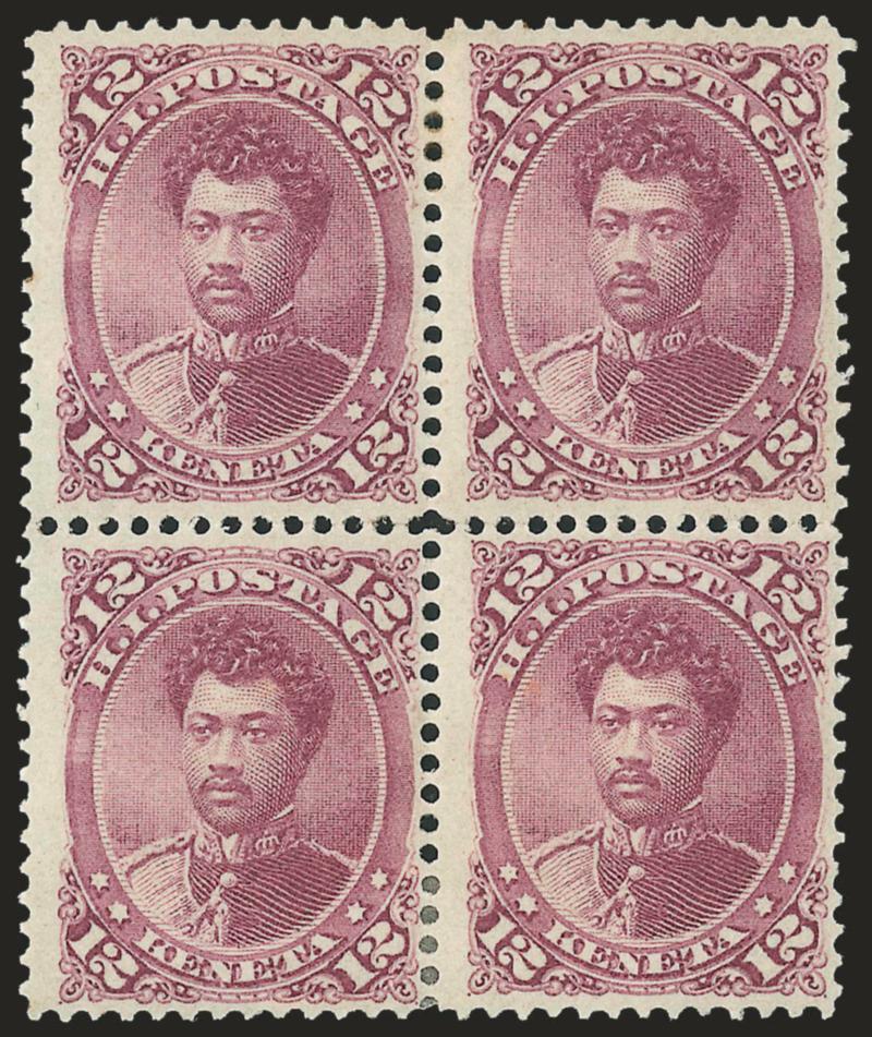 1883-86, 1c-12c Royal Portraits (42-43, 45-46).> Blocks of four, original gum, h.r., rich colors, fresh and Fine-Very Fine