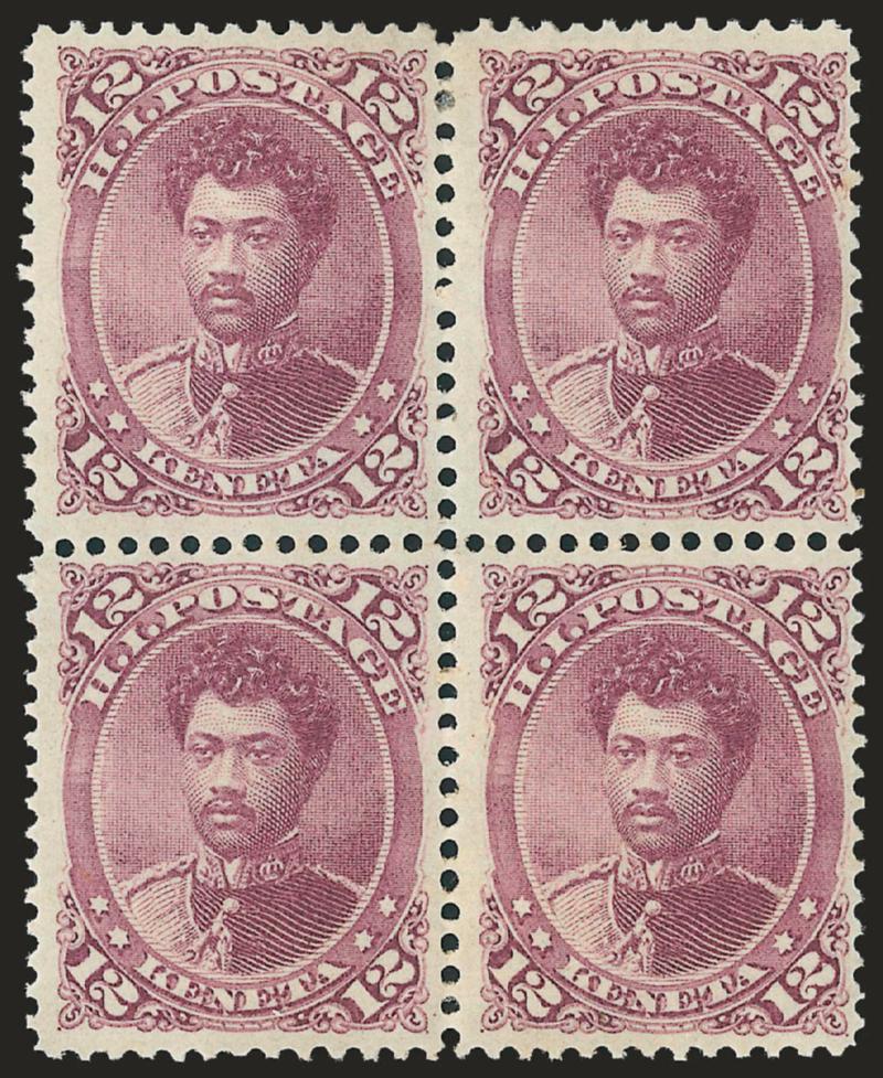 1883, 12c Red Lilac (46).> Block of four, original gum, lightly hinged, rich color on bright paper, Very Fine