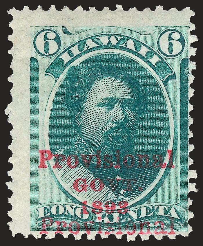 1893, 6c Green, Category II Double Ovpt. (60e).> Original gum, h.r., rich color, second overprint shifted to bottom and is only partial (this may be from the top row of the sheet), Fine, Scott Catalogue lists
only one category of double overprint for